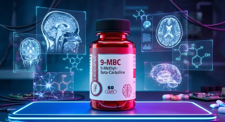 9-mbc produkt nootropowy, opakowanie zawierające 9-metylo-β-karbolinę w scenerii futurystycznej z elementami biohackingu