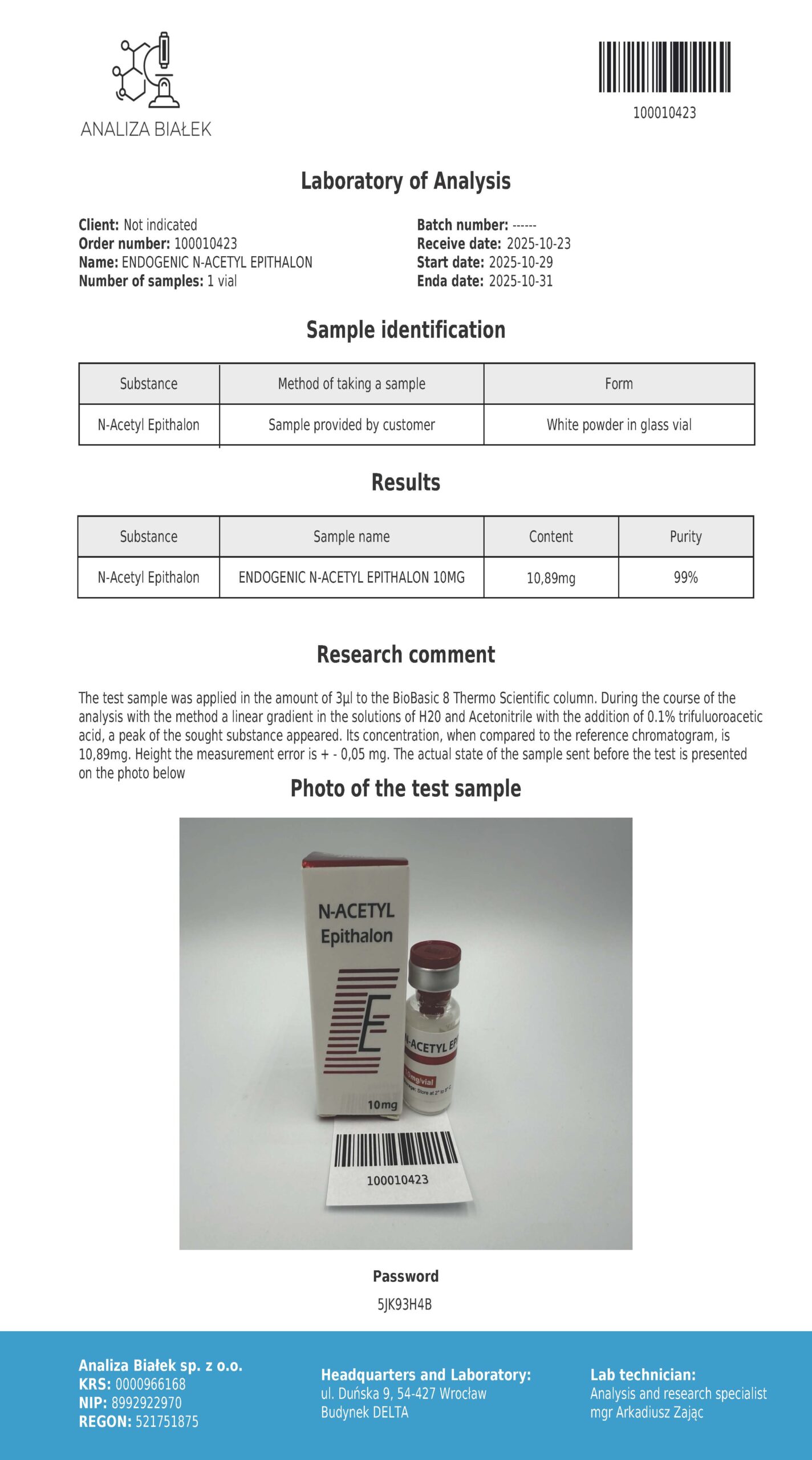n-acetyl epithalon — Acetylated Reagent Amount:20mg